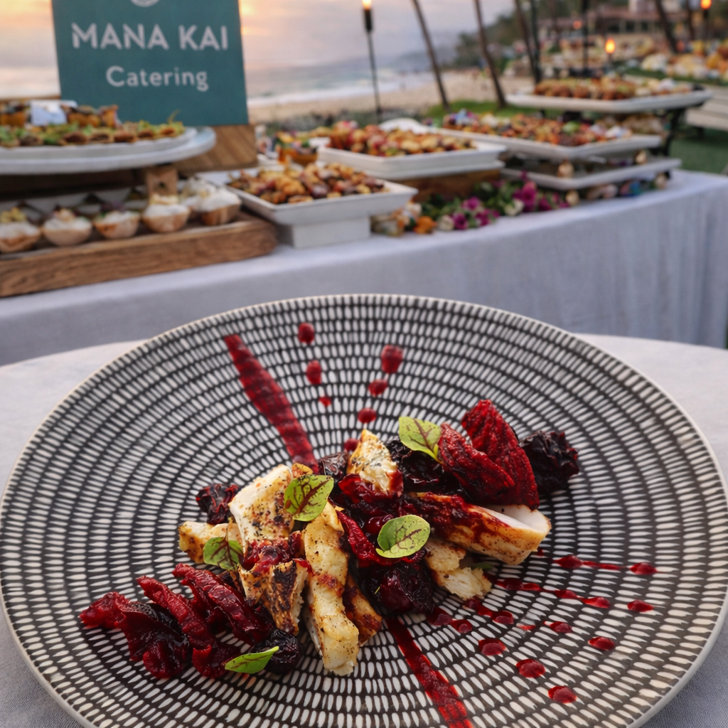 A plated gourmet smoked chicken dish with a background of Mana Kai Buffet.