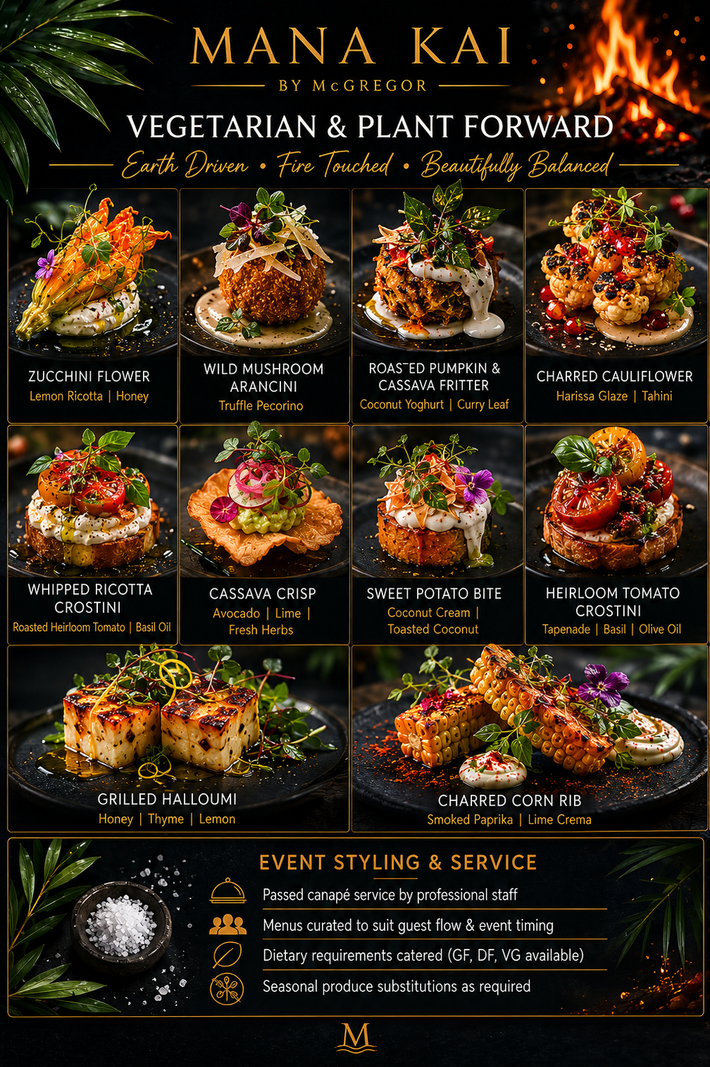 Menu featuring vegetarian and plant-forward dishes with vibrant, artistic presentation, including zucchini flower, wild mushroom arancini, roasted pumpkin and cassava fritter, charred cauliflower, whipped ricotta crostini, cassava crisp, sweet potato bite, heirloom tomato crostini, grilled halloumi, and charred corn rib.