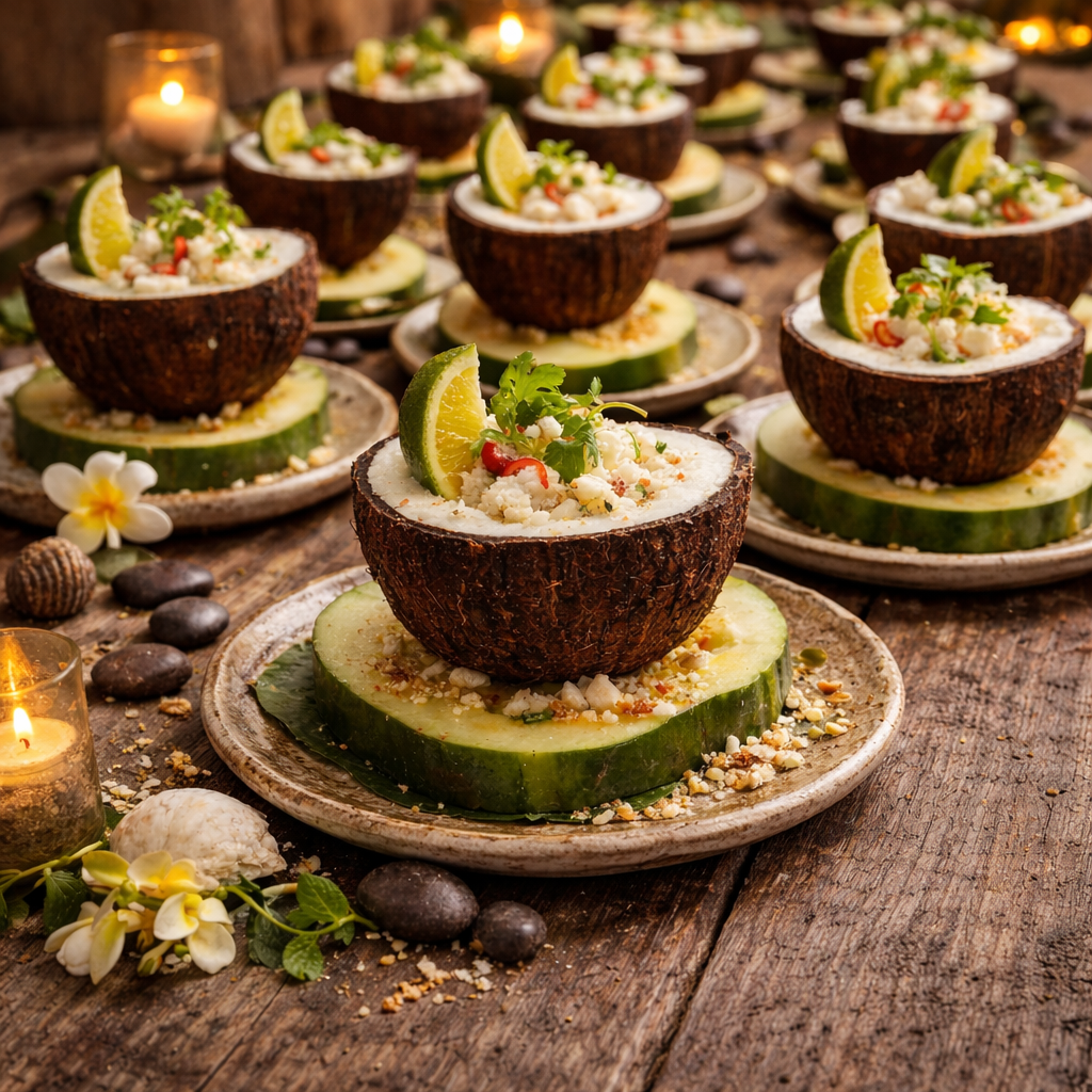 Multiple servings of traditional Fijian Kokoda ceviche  served in coconut shell bowls filled with ceviche on a rustic wooden table, garnished with lemon wedges, cilantro, and red chili slices, with candles and flowers in the background.