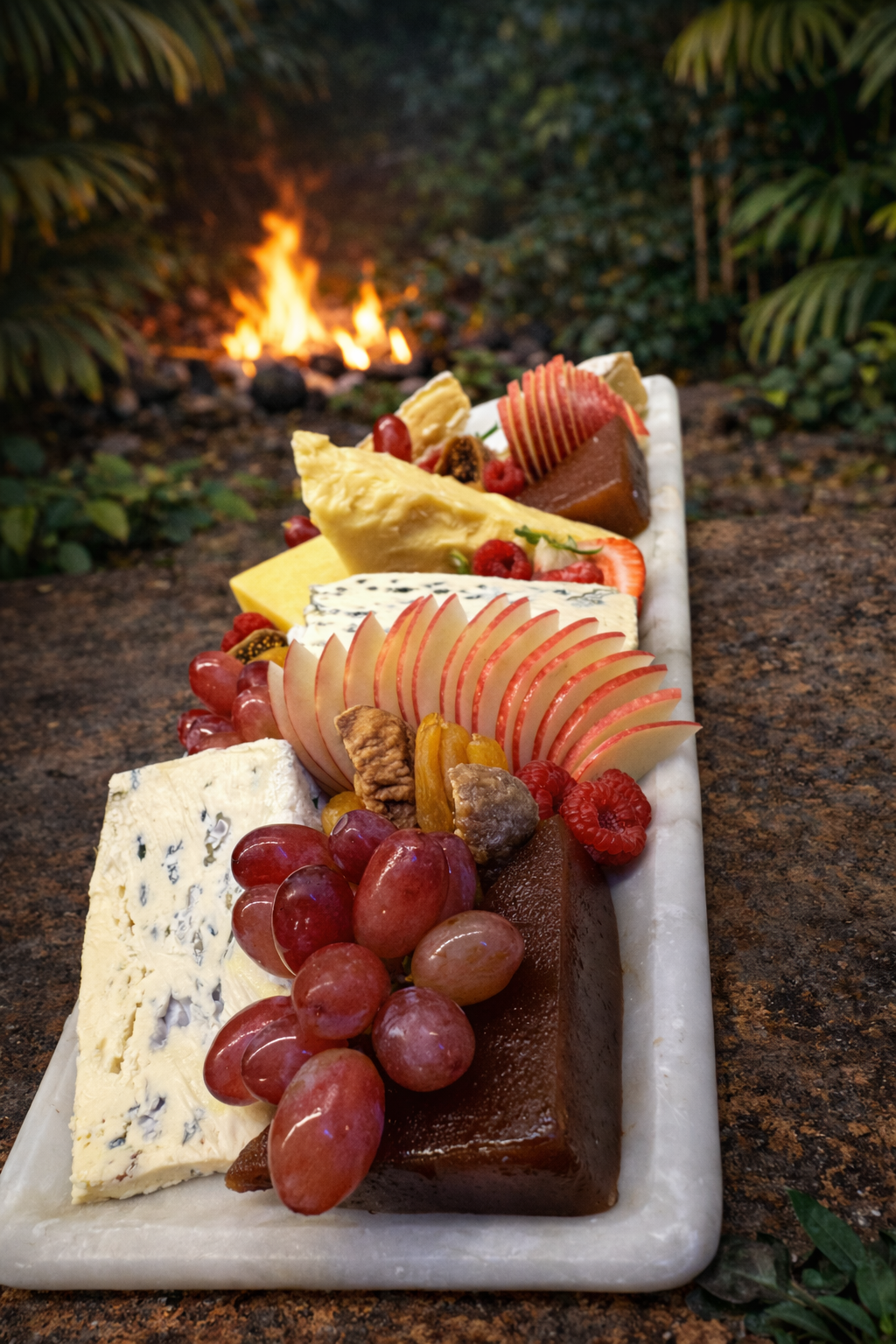 A cheese board with various cheeses, fruits, and nuts, placed outdoors with a fire burning in the background.