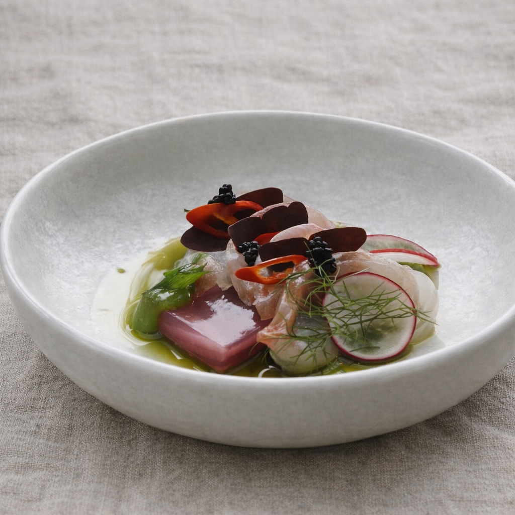 A bowl of sashimi with slices of fish, radish, and garnishes like herbs, peppers, and black caviar, served with oil.