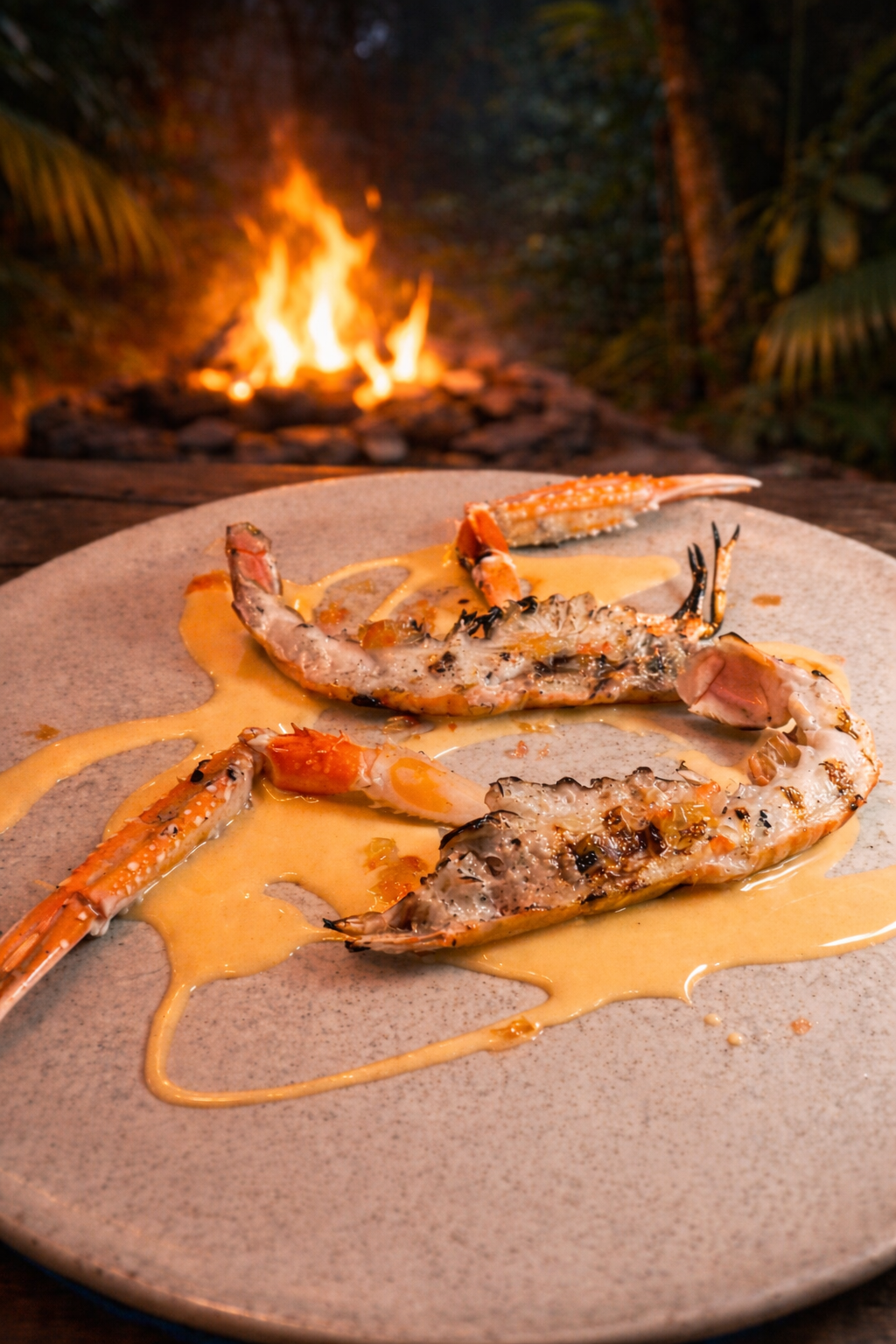 Seafood dish with scampi in a creamy sauce on a beige plate, with a campfire in the background at dusk.