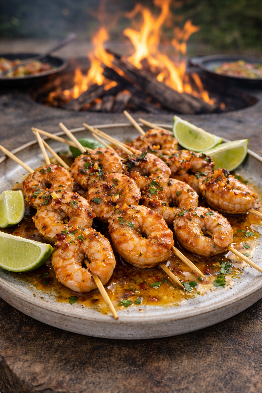 Grilled shrimp skewers garnished with herbs and lime wedges on a plate, with a campfire in the background.