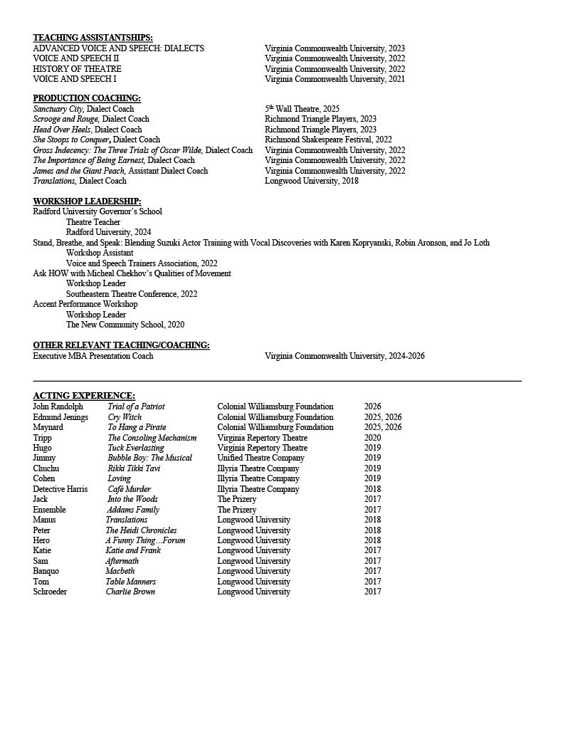A text-based document with sections on teaching assistantships, production coaching, workshop leadership, teaching/coaching, acting experience, and other relevant information. It lists titles, roles, institutions, and years.