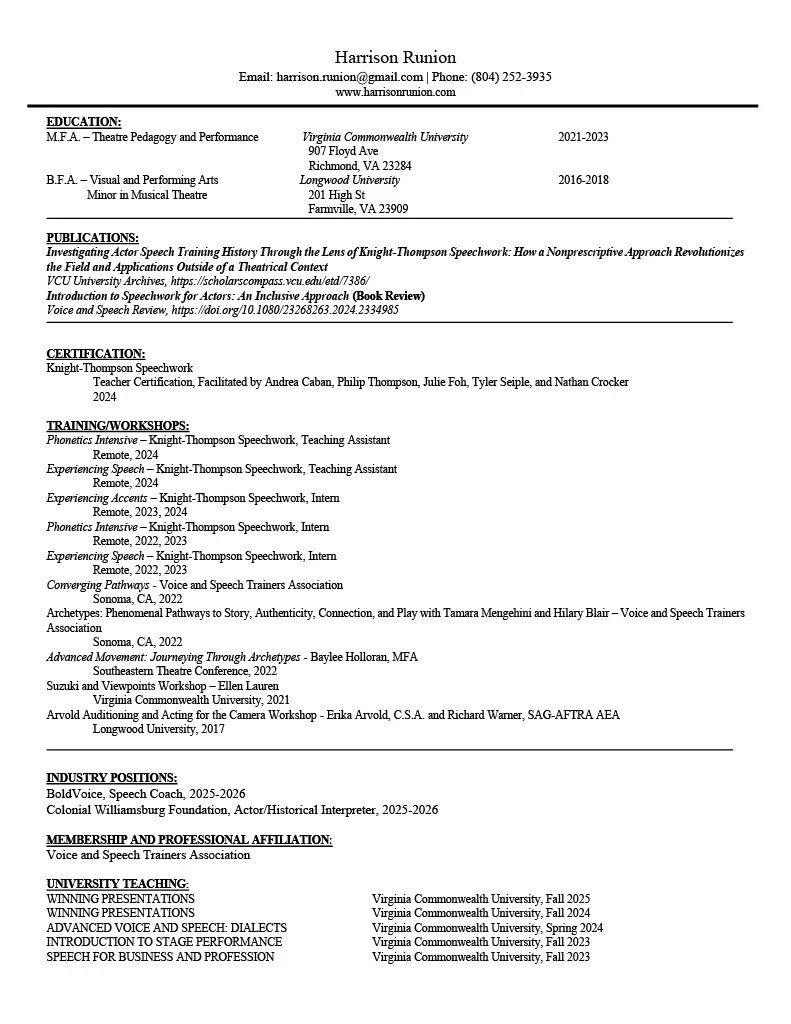 A resume for Harrison Runion displaying contact information, education history, publications, certifications, training workshops, industry positions, memberships, and university teaching experience.