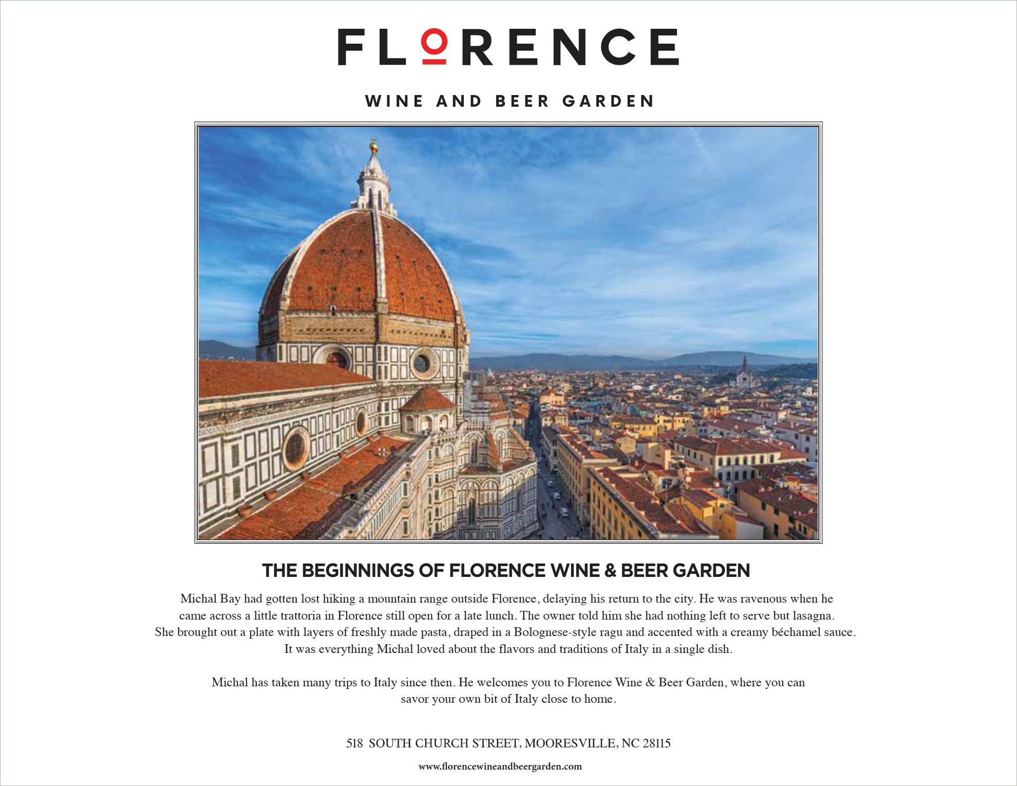 A brochure with a photo of Florence, Italy, featuring the Cathedral of Santa Maria del Fiore with its iconic red-tiled dome, and a cityscape view under a blue sky. Text promotes Florence Wine & Beer Garden and its Italian cuisine.