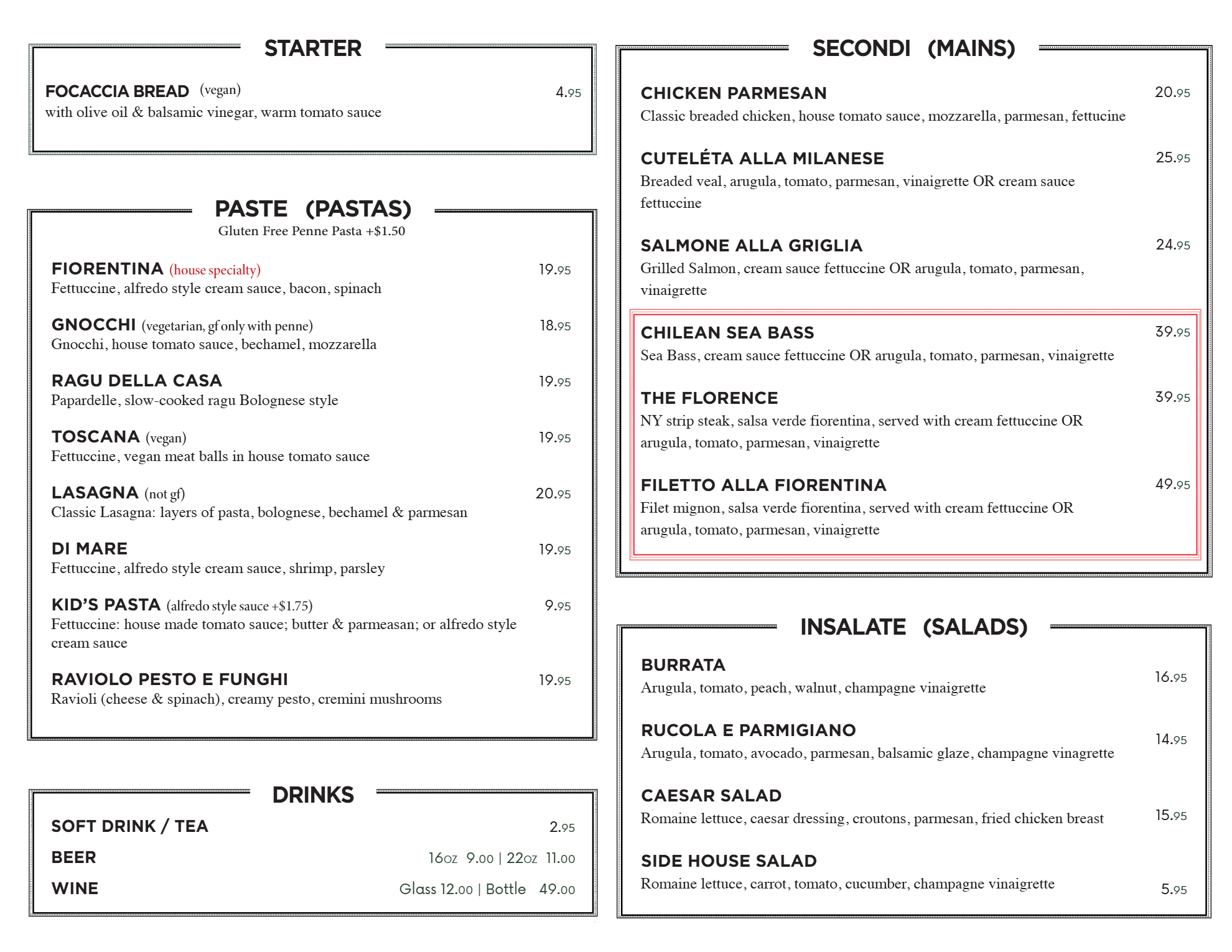 A restaurant menu featuring starters, pasta, main courses, salads, and drinks, with dishes like focaccia bread, various pastas, grilled salmon, Chilean sea bass, and salads.