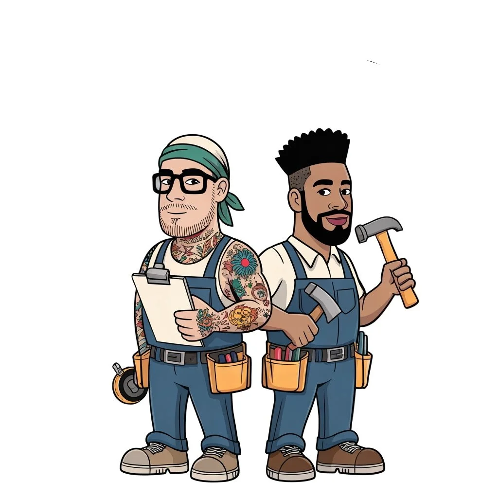 Cartoon versions of Camry and Rodney ready to work on your property.