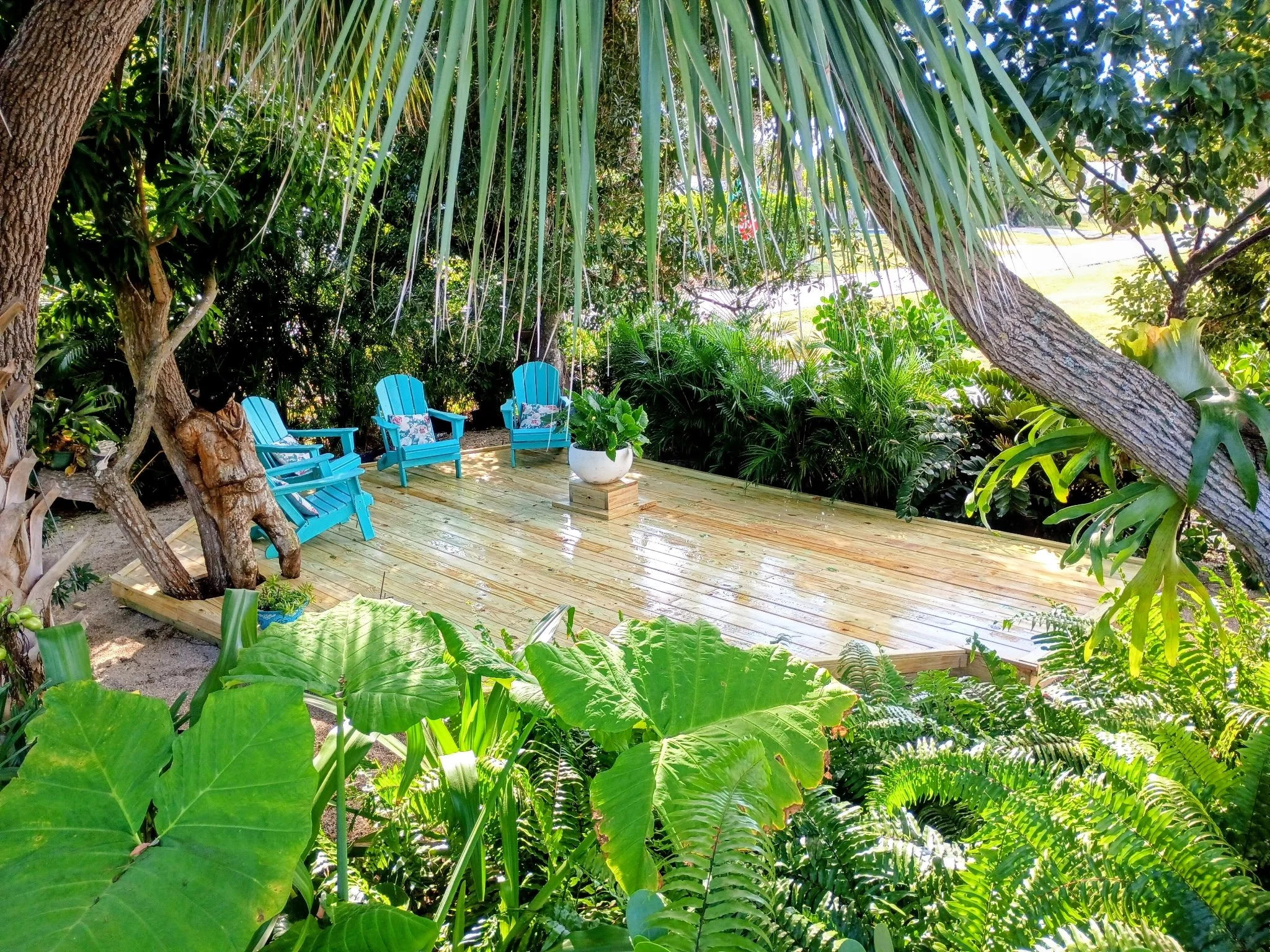 A wooden deck with three blue Adirondack chairs and a white pot with greenery, surrounded by lush greenery and trees under a shaded canopy.