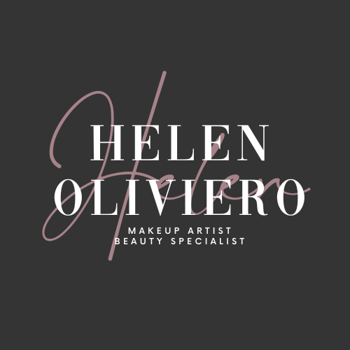 Business card for Helen Olivero, makeup artist and beauty specialist, with a dark background and stylish text.