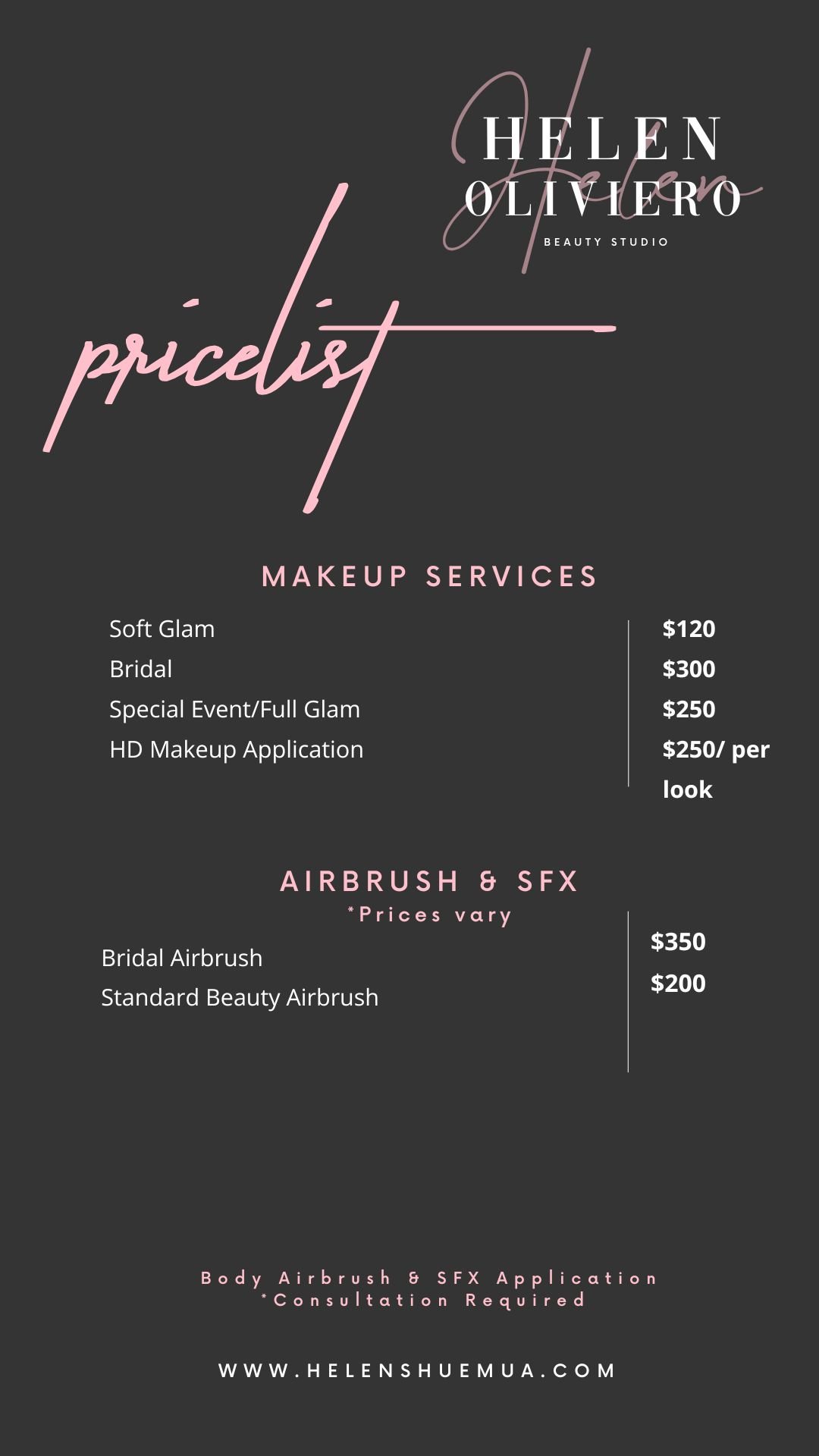 Beauty studio price list with makeup services and airbrush options, featuring a black background and pink and white text.