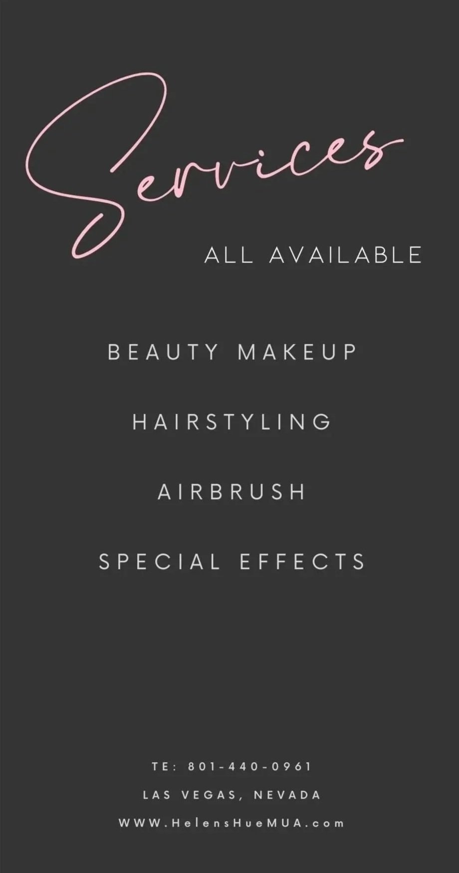 Advertisement for Servicer, offering beauty makeup, hairstyling, airbrush, and special effects services, with contact information and location in Las Vegas, Nevada.