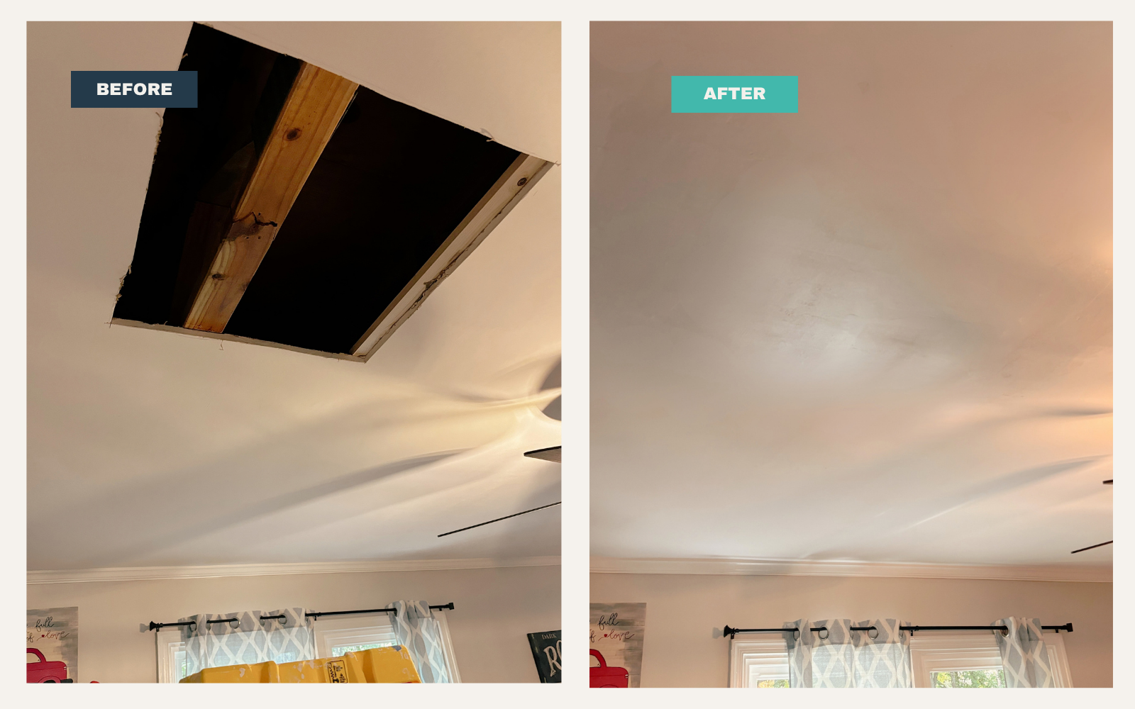 Significant Opening in Ceiling Before and After Drywall Repaired and Primed