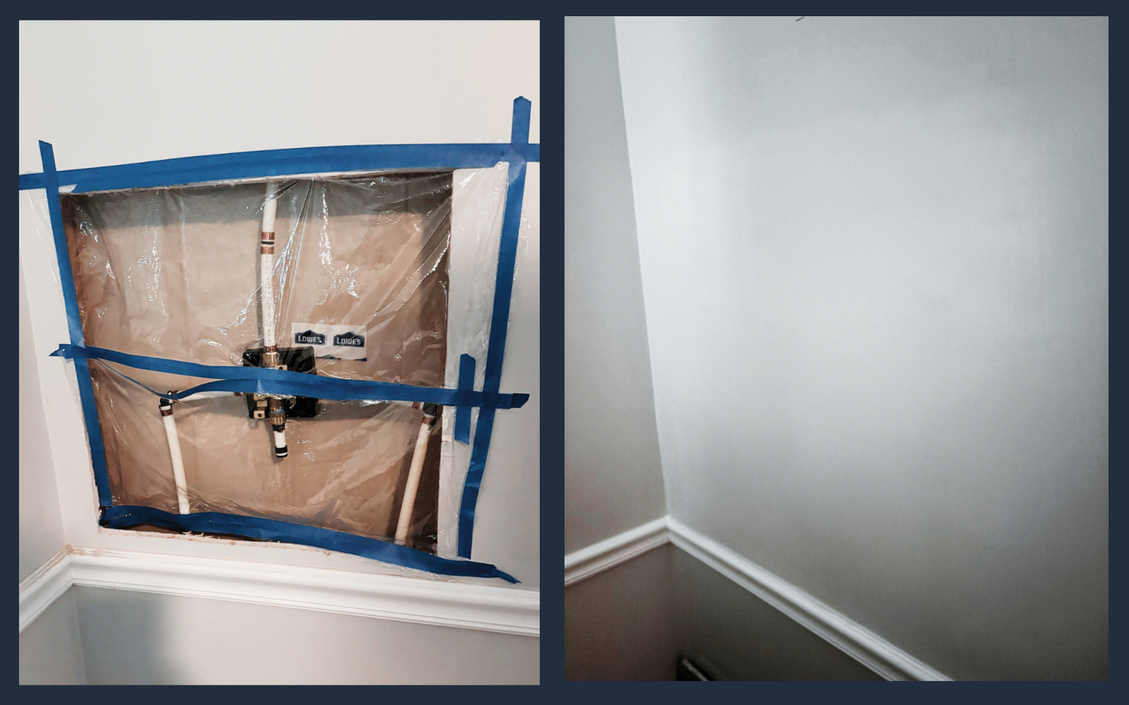Durham Home shows wall damage after leak in one photo and the repaired wall next to it
