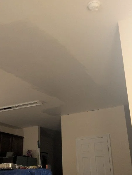 Ceiling  after drywall compound, new tape, and drywall primer applied to repair visible water stain and damage in home interior.