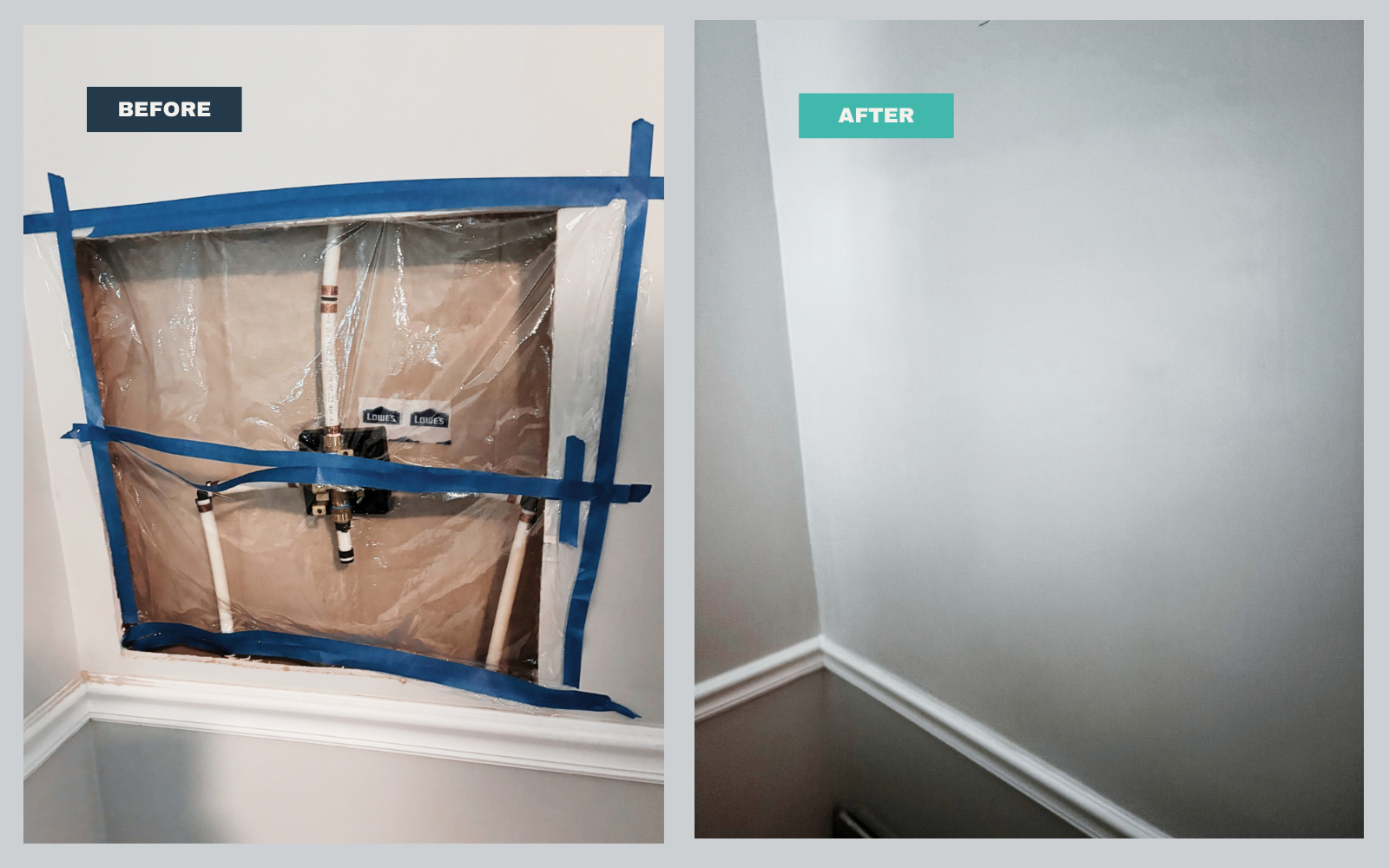 Before and after drywall repair: an open wall exposing plumbing and ductwork, sealed with plastic and painter's tape, then patched and finished smooth.
