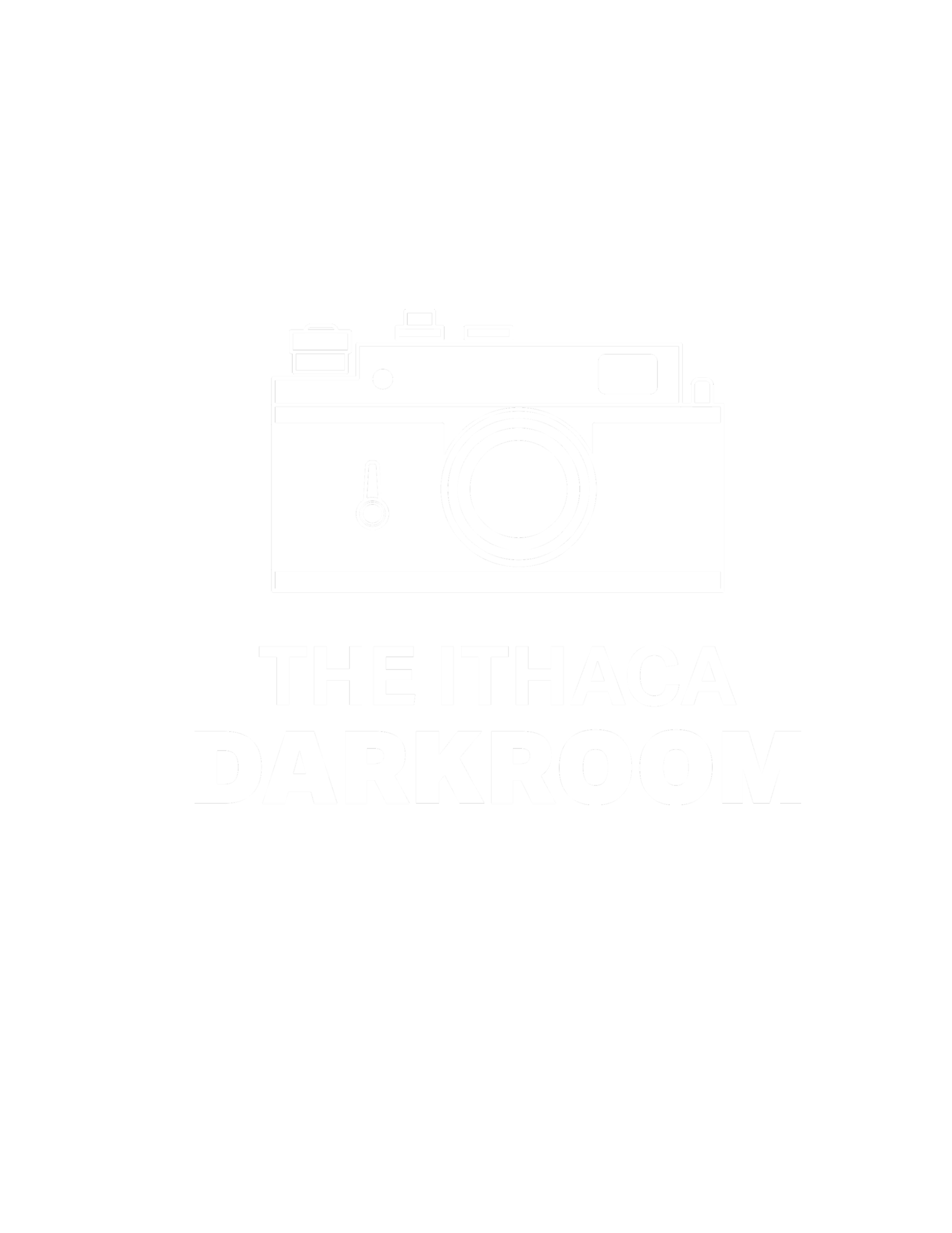 Black background with a white outline illustration of a camera, and bold text reading 'The Ithaca Darkroom'.