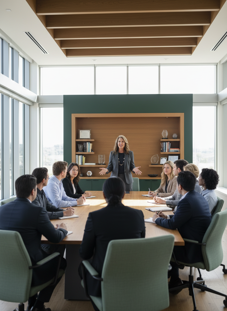 A woman giving a presentation or speech in a modern conference room with large windows, sitting at a table with eight diverse professionals taking notes