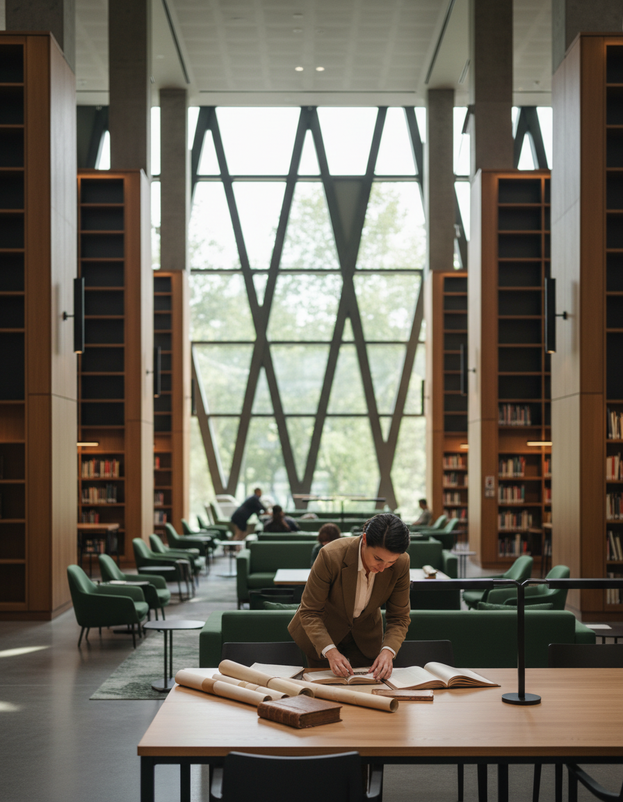 A woman in a brown blazer reviewing documents or maps at a table in a modern, spacious library with green chairs, wooden bookshelves, and large geometric window design.
