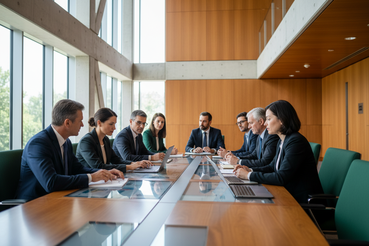 Business professionals sitting around a large conference table in a modern office conference room, engaged in a meeting.