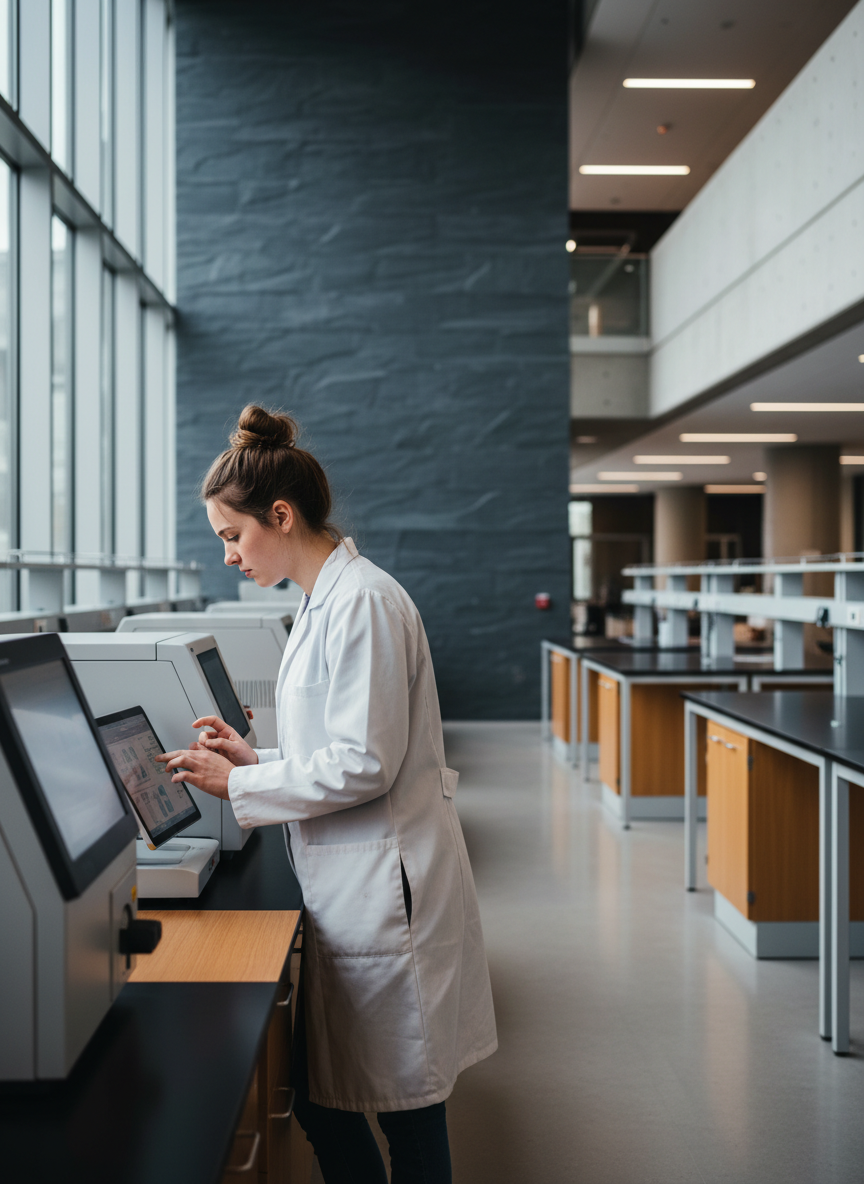 A woman in a white lab coat using a touchscreen kiosk in a modern science or medical facility.