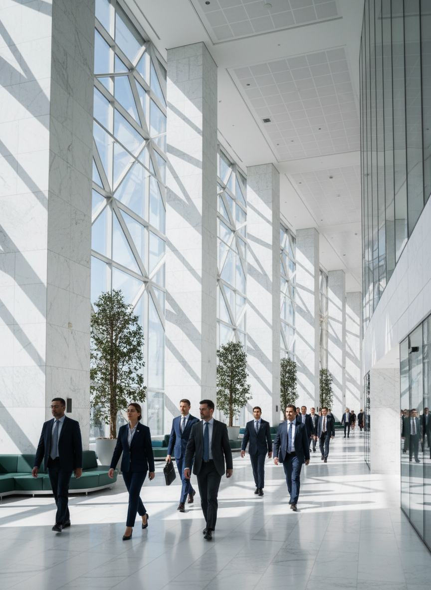 Business professionals in formal attire walking through a modern, spacious office lobby with large glass windows and indoor trees.