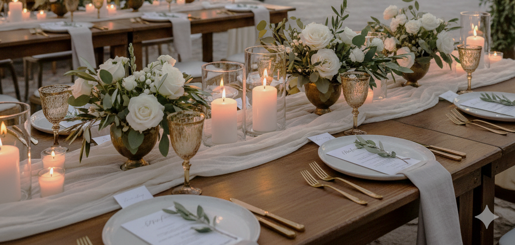 Elegant outdoor dinner table decorated with white roses, candles, gold-rimmed glassware, and gold flatware, with place settings on white plates and a flowing white table runner.