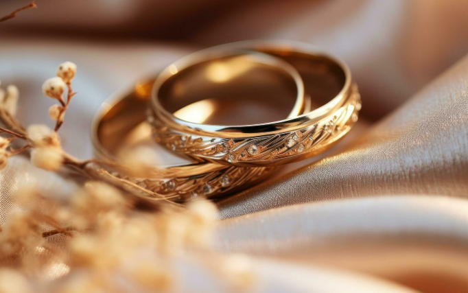 Close-up of gold wedding rings on silky fabric with dried flowers in the foreground.