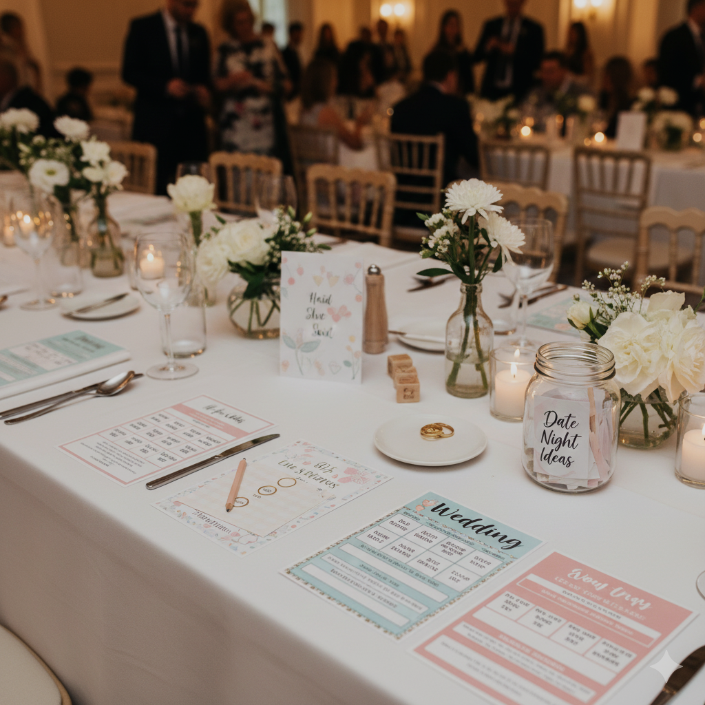 A wedding reception table decorated with white flowers, candles, and place cards, with a blurred background of guests and seated attendees.