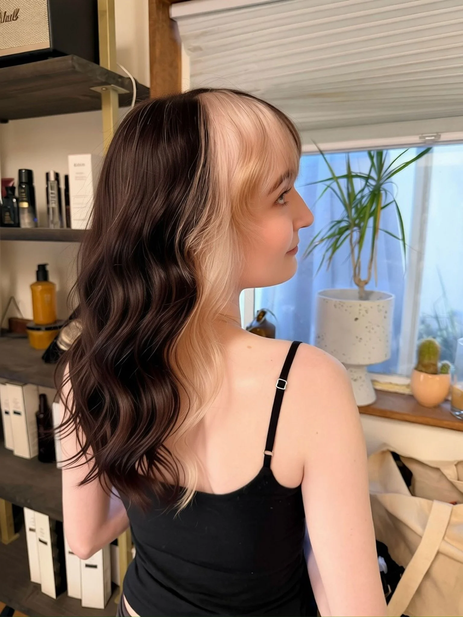 Creative color block hair with contrasting fashion tones and bold placement