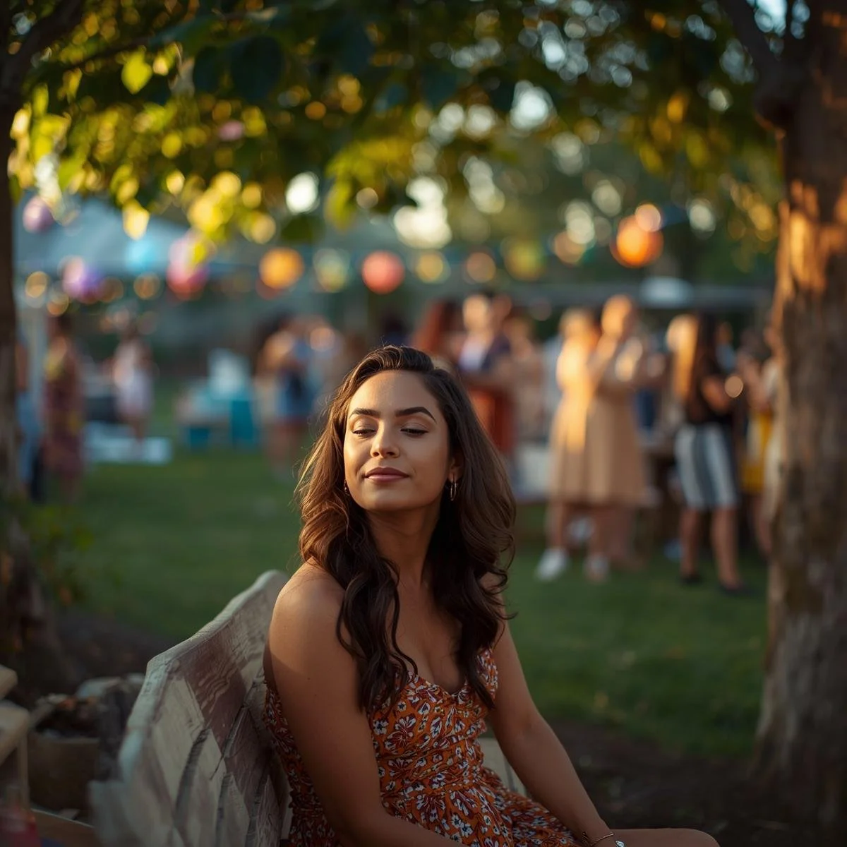 A young woman with long dark hair and a patterned dress sitting on a bench outdoors at a party or gathering, with blurred people and hanging lanterns in the background during sunset.