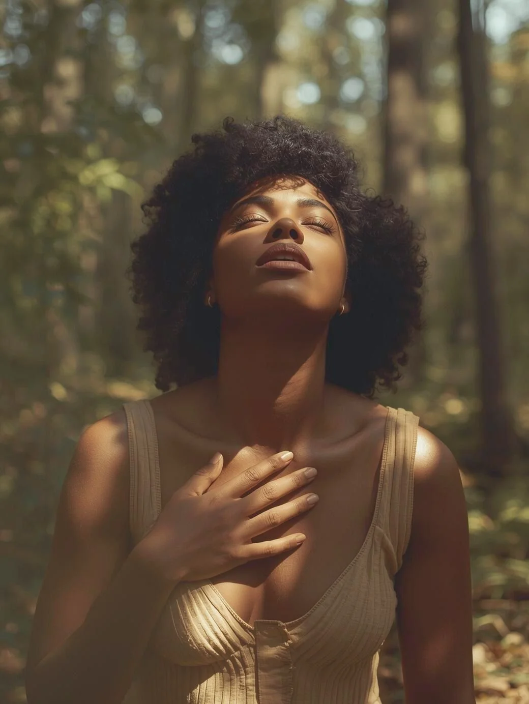 A woman with curly hair and a beige top standing outdoors in a sunlit forest, with her eyes closed and one hand on her chest.