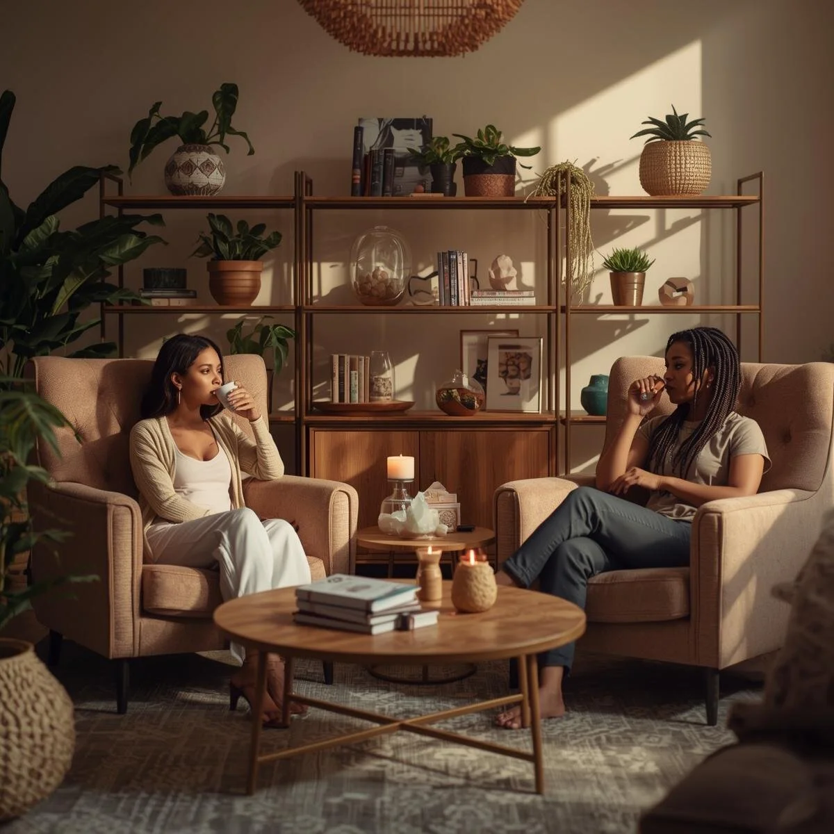 Two women sitting in armchairs having a conversation in a cozy living room with warm lighting, surrounded by plants, decorative objects, and books on a shelf.