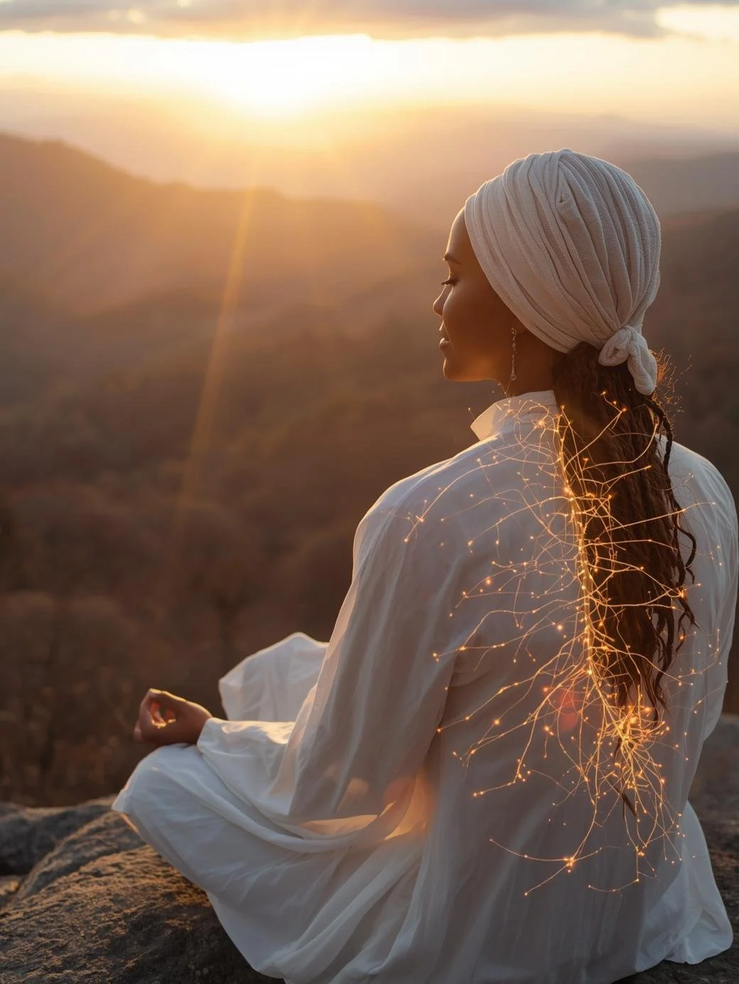 A woman with a headscarf sitting cross-legged on a rock, half-sitting on a mountain, during sunrise or sunset, with light effects resembling sparks or fireflies on her back.
