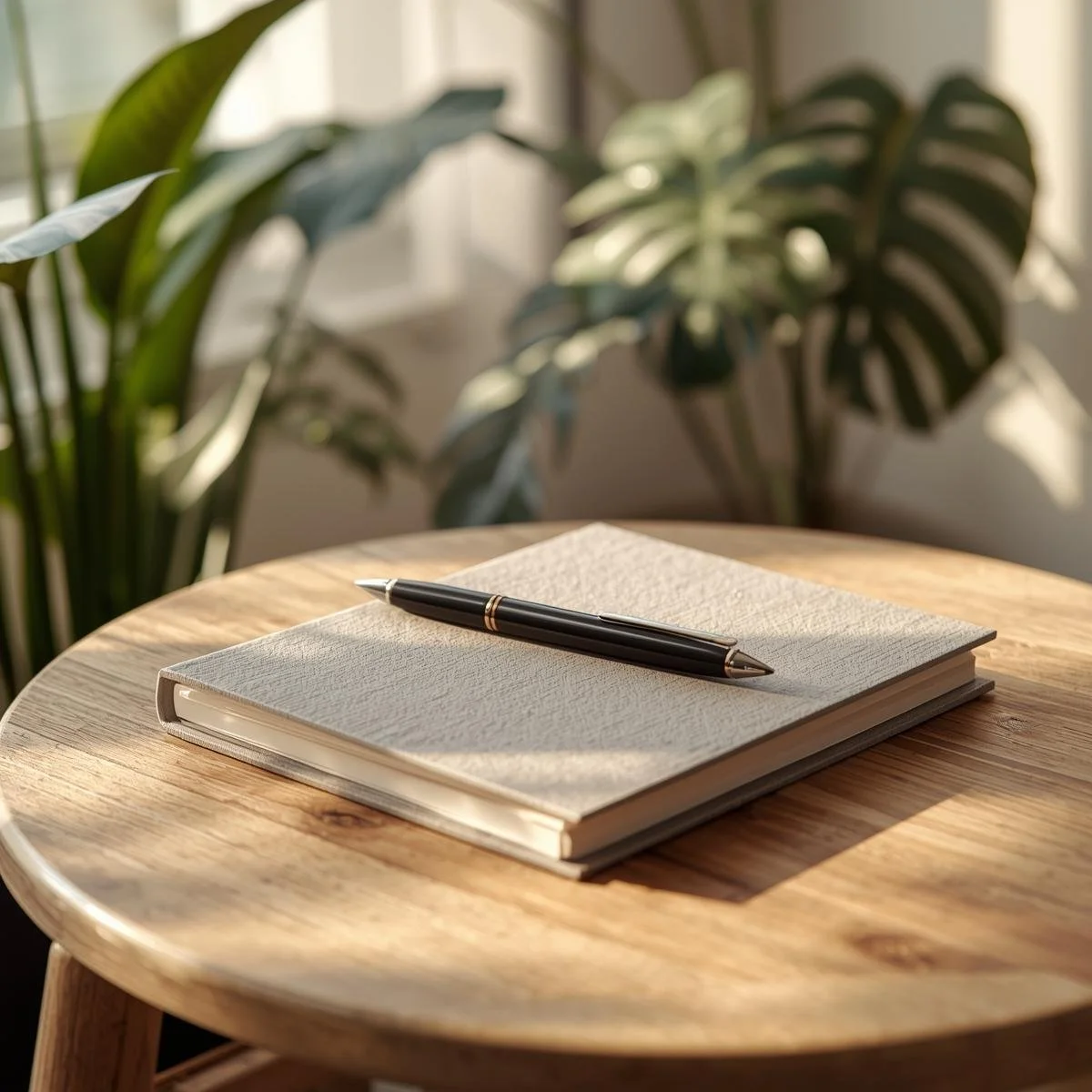 A closed white notebook with a black pen on top of it, placed on a wooden table. In the background, there are green houseplants near a window.
