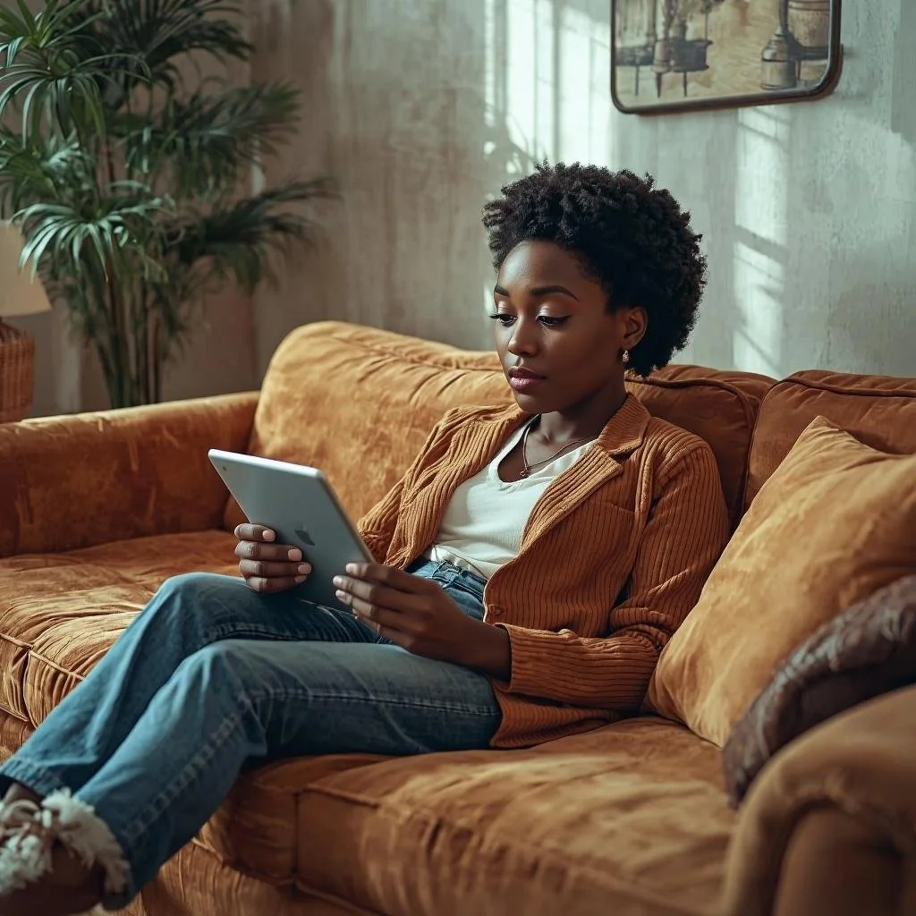 A woman with natural curly hair sitting on a brown velvet sofa, looking at a tablet in her hands, inside a well-lit room with a plant in the background.