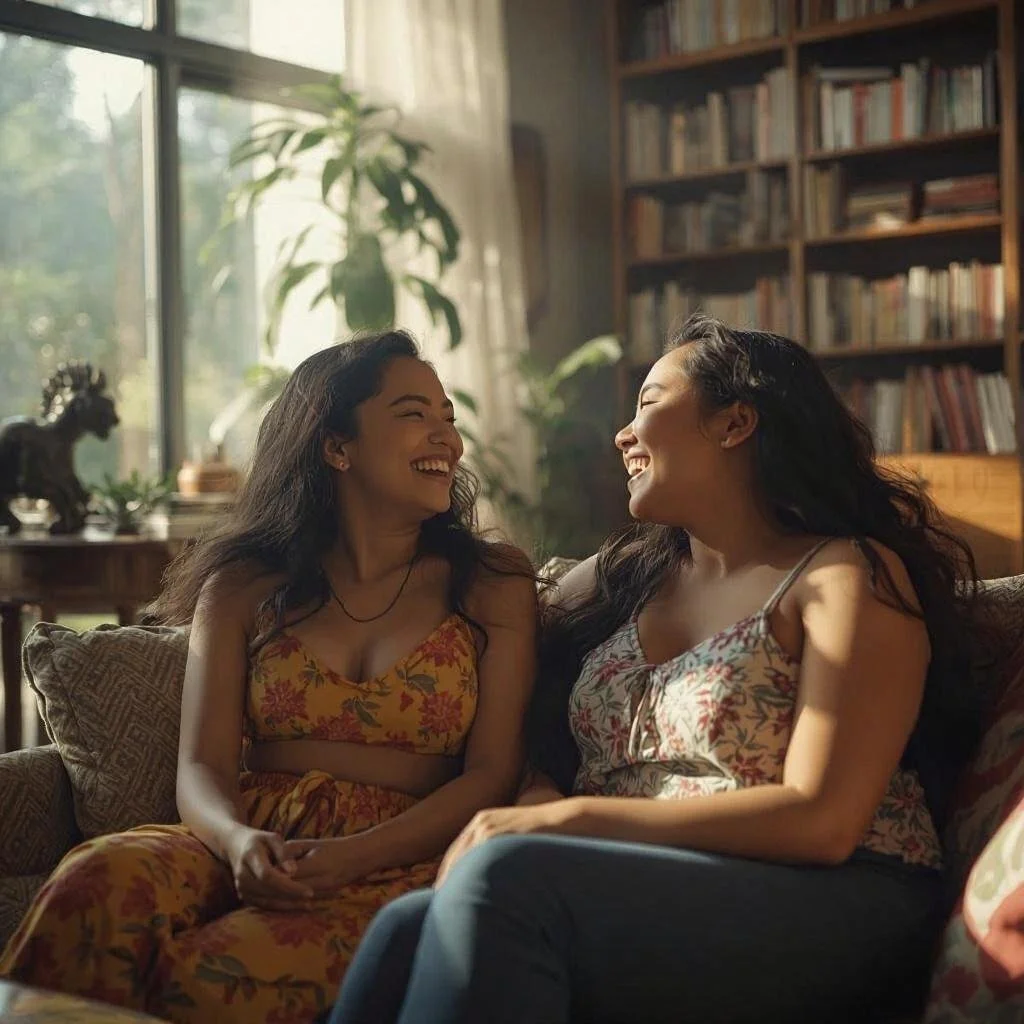 Two women sitting close together on a couch, smiling and laughing at each other in a cozy living room with a bookshelf and large window showing greenery outside.
