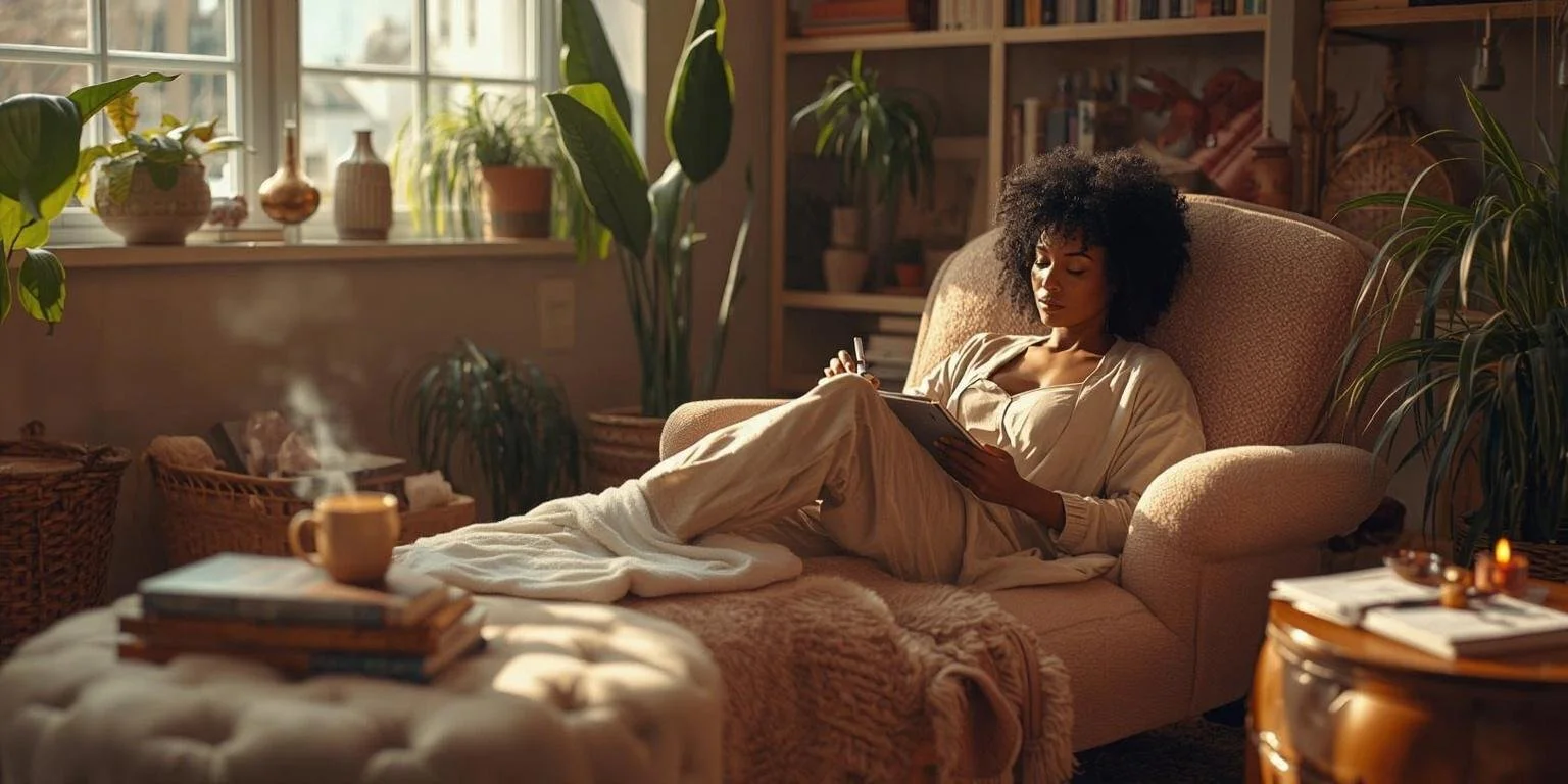 A woman with curly hair is lying on a beige armchair in a cozy, sunlit living room, reading a book. She is wearing comfortable, light-colored pajamas. There are green plants on the window sill and surrounding the room, a steaming cup on a table nearby, and soft natural light illuminating the space.