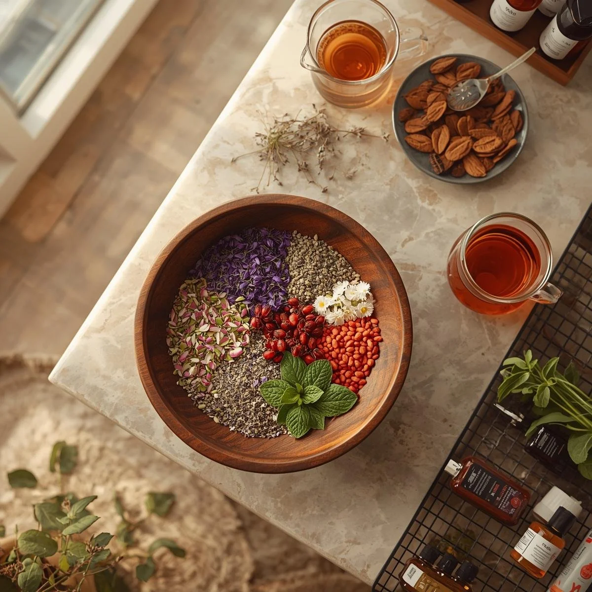A marble countertop with a wooden bowl containing assorted dried flowers and herbs, a bowl of almonds with a spoon, two cups of tea, and a few plants and bottles of essential oils in the background.