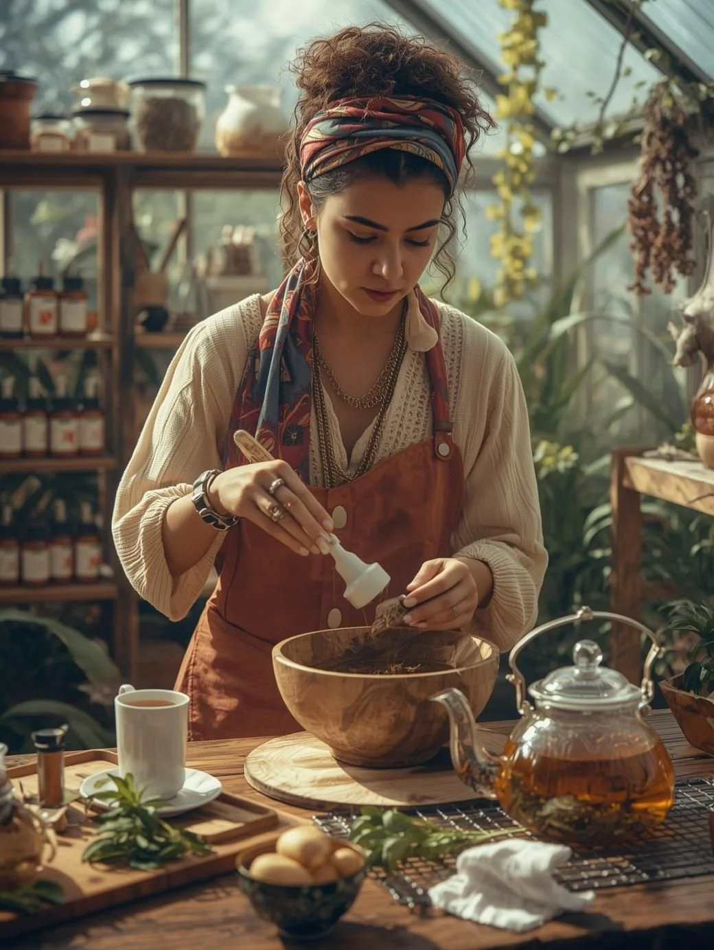 A woman in a bohemian style setting is preparing a meal or tea, wearing a beige sweater, leather apron, and a colorful headscarf. She is adding ingredients into a large wooden bowl. The scene is in a bright, cozy greenhouse or kitchen with plants, jars, and a teapot on the wooden table.