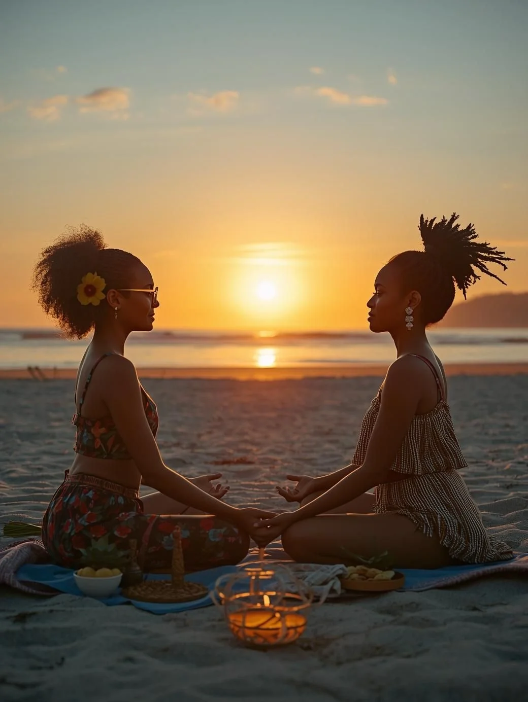 Two women sit cross-legged on the beach facing each other during sunset, holding hands, with the ocean and sky in the background. They are dressed in summer clothing, and there are candles and snacks on the blanket in front of them.