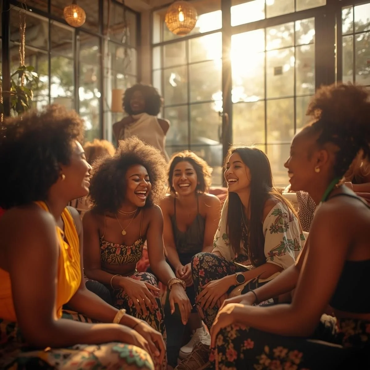 A group of five women laughing and chatting together in a cozy, sunlit indoor space with large windows and hanging lights.