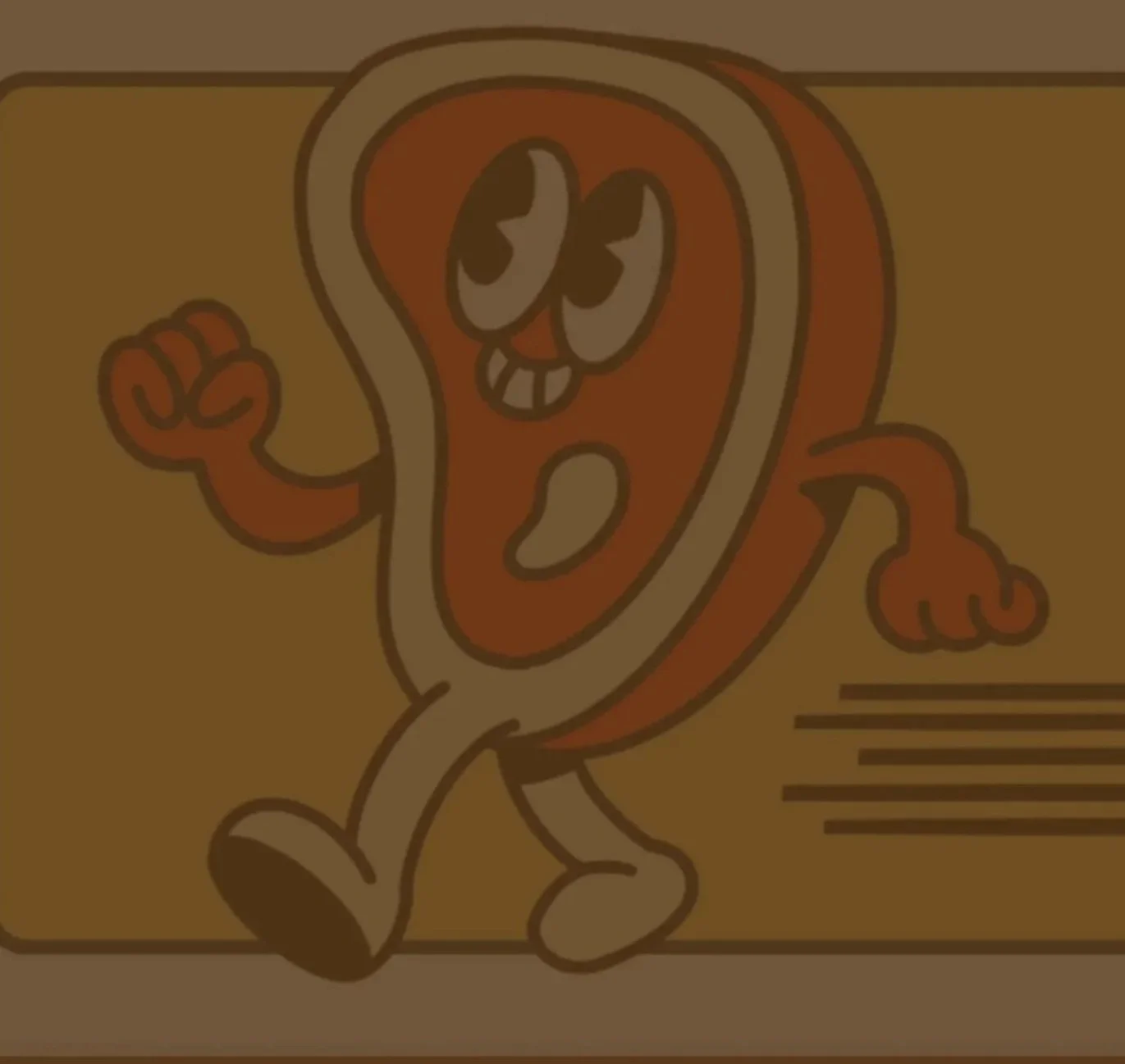 Illustration of a cartoon slice of bread with smiling face, arms, and legs, running with motion lines under a brown background.