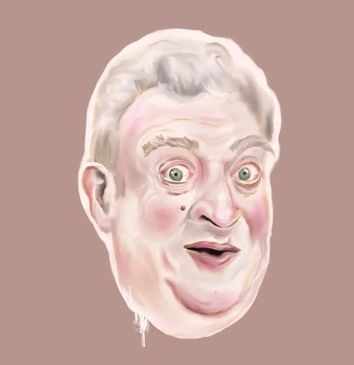 A distorted, surreal painting of a middle-aged man with exaggerated facial features, wide eyes, and a surprised expression, set against a plain background.