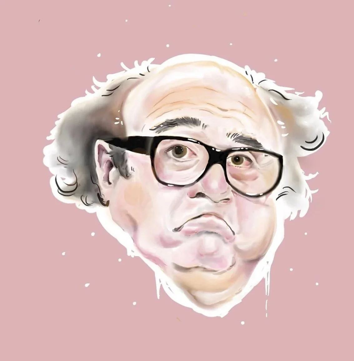 A caricature of an elderly person with gray, curly hair, large glasses, and a sad or disapproving expression on a pink background.