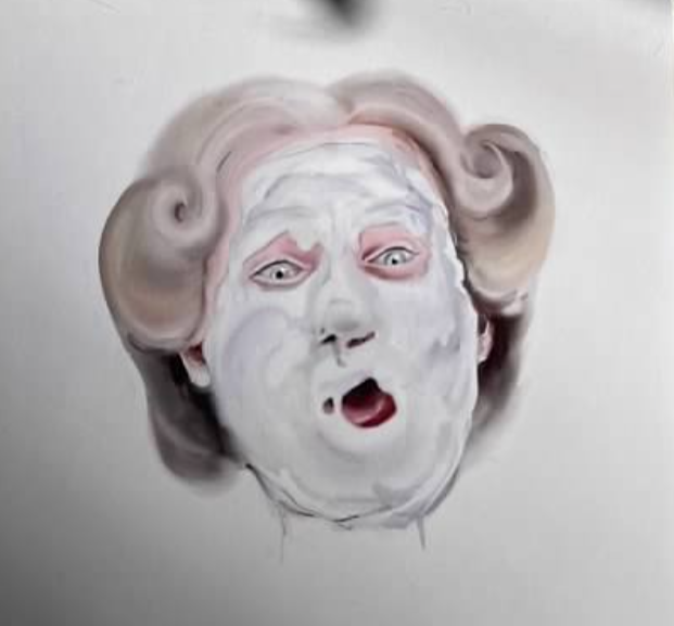 A painting of a person's face with an expression of surprise or shock, featuring painted hair, face makeup, and wide-open eyes and mouth.