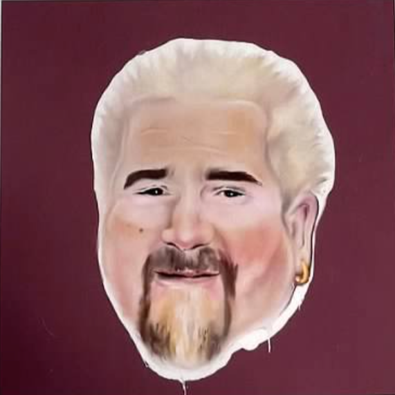 A caricature mask of a middle-aged man with pale skin, white hair, a goatee, and an earring, set against a dark red background.