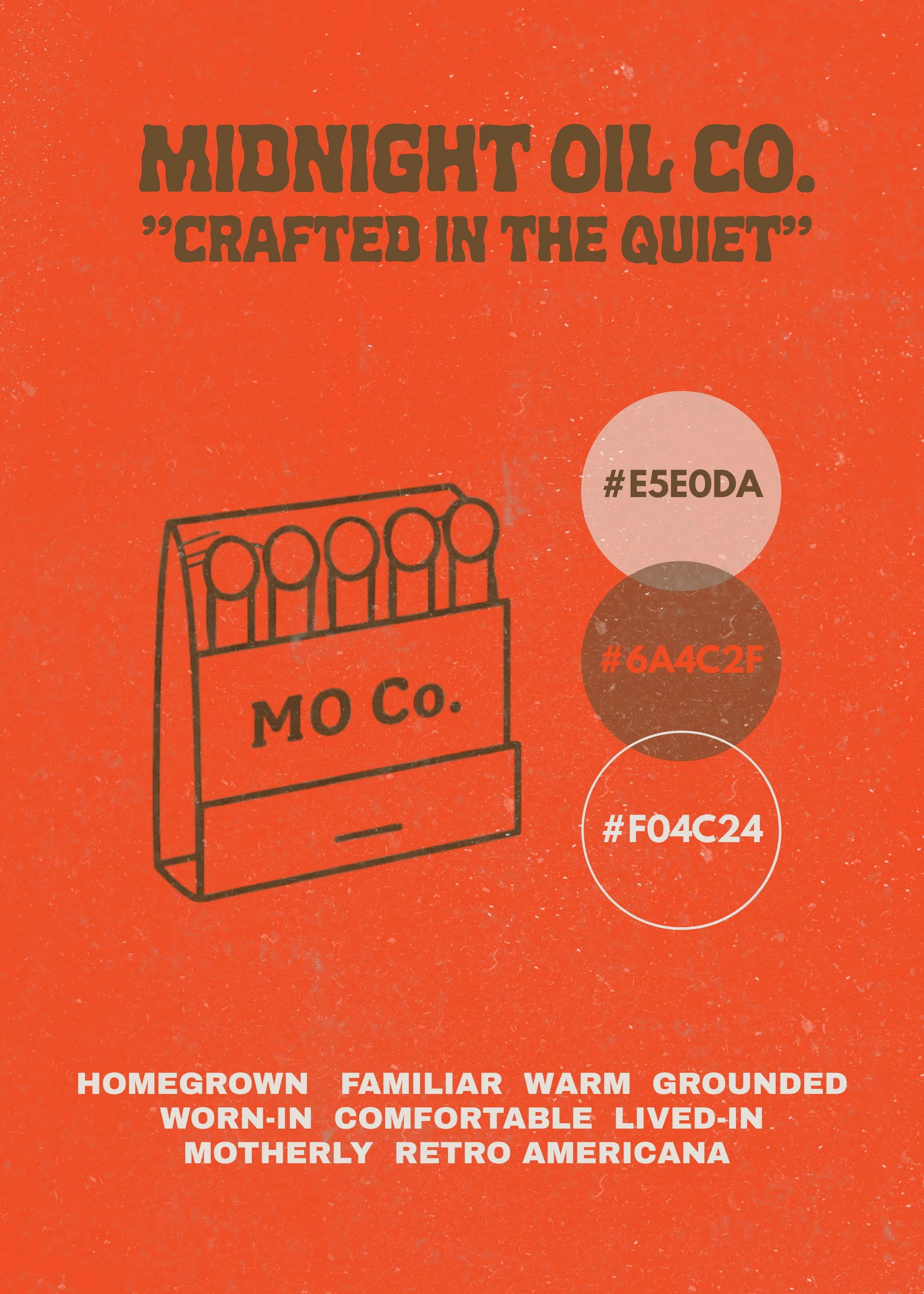 A promotional poster for Midnight Oil Co. featuring a graphic of a matchbox with matches. The background is orange with white speckles. The poster includes the company's name, slogans, and three color codes: #E5E0DA, #6A4C2F, and #F04C24. It describe