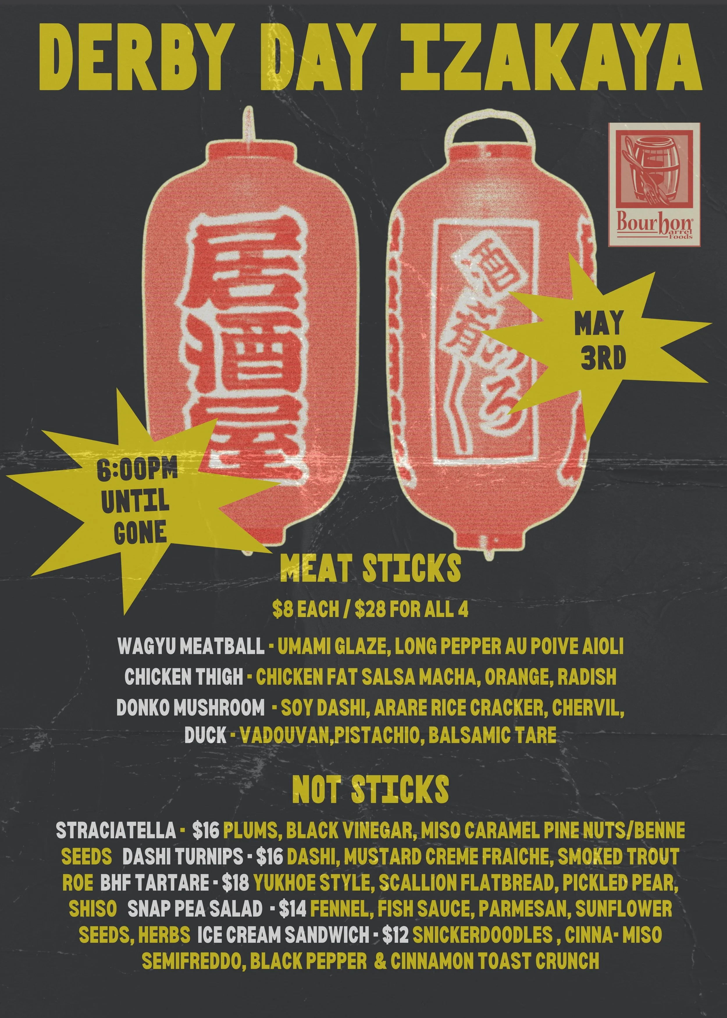 Event poster for Derby Day Ezakaya featuring meat sticks and non-sticks menus, date May 3rd, starting at 6:00 PM. It includes descriptions of various meat and non-meat snacks, with prices and ingredients.