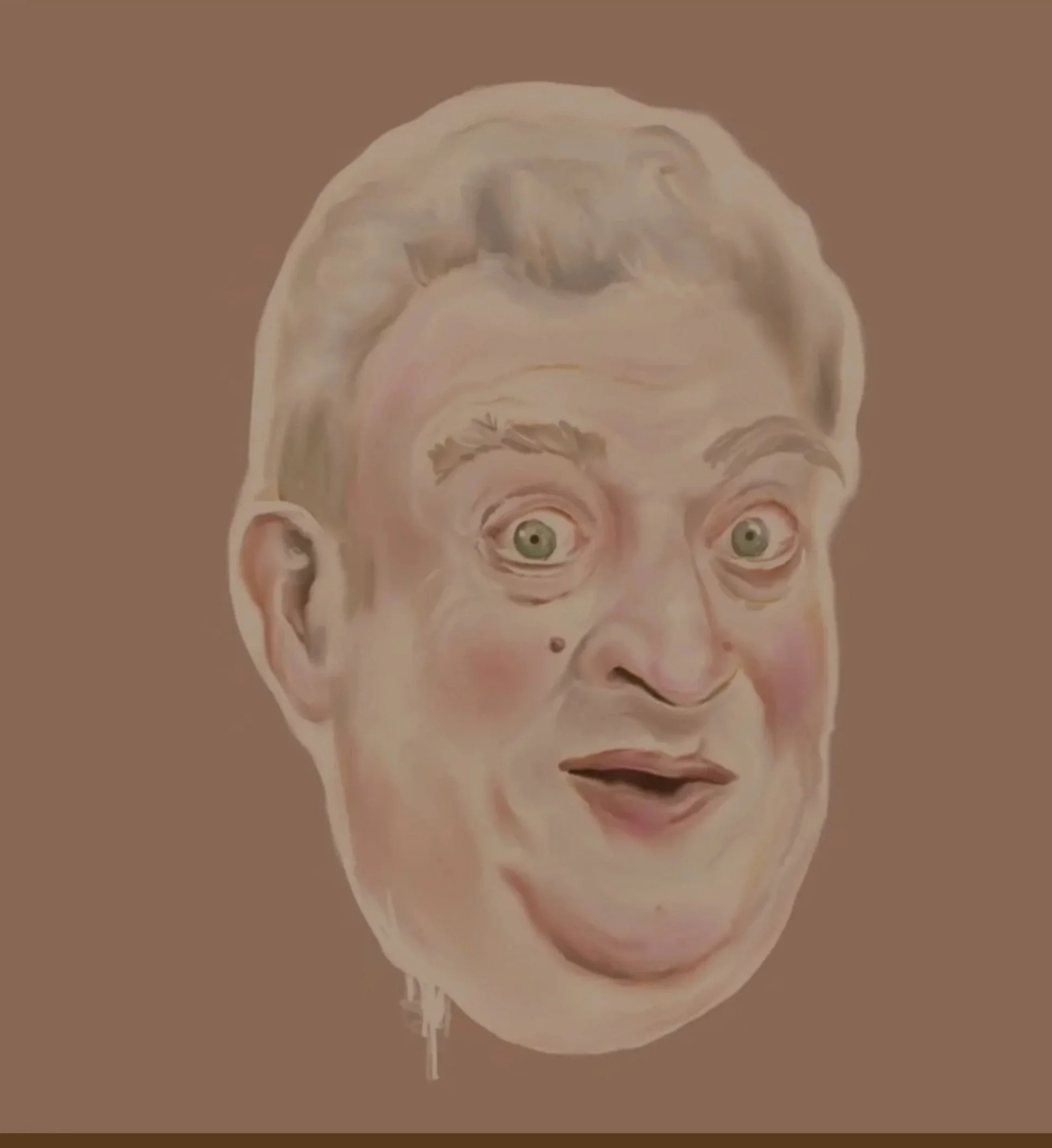 A surreal painting of a man's face with exaggerated features, wide eyes, and a surprised expression, against a plain brown background.